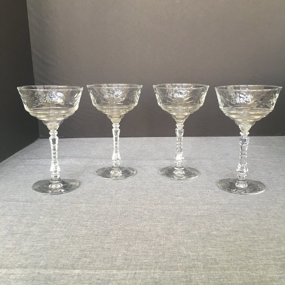 Set of 4 Rock Sharpe Libby Champagne Sherbet Glasses Stems Artic Rose 6 1/8 in T